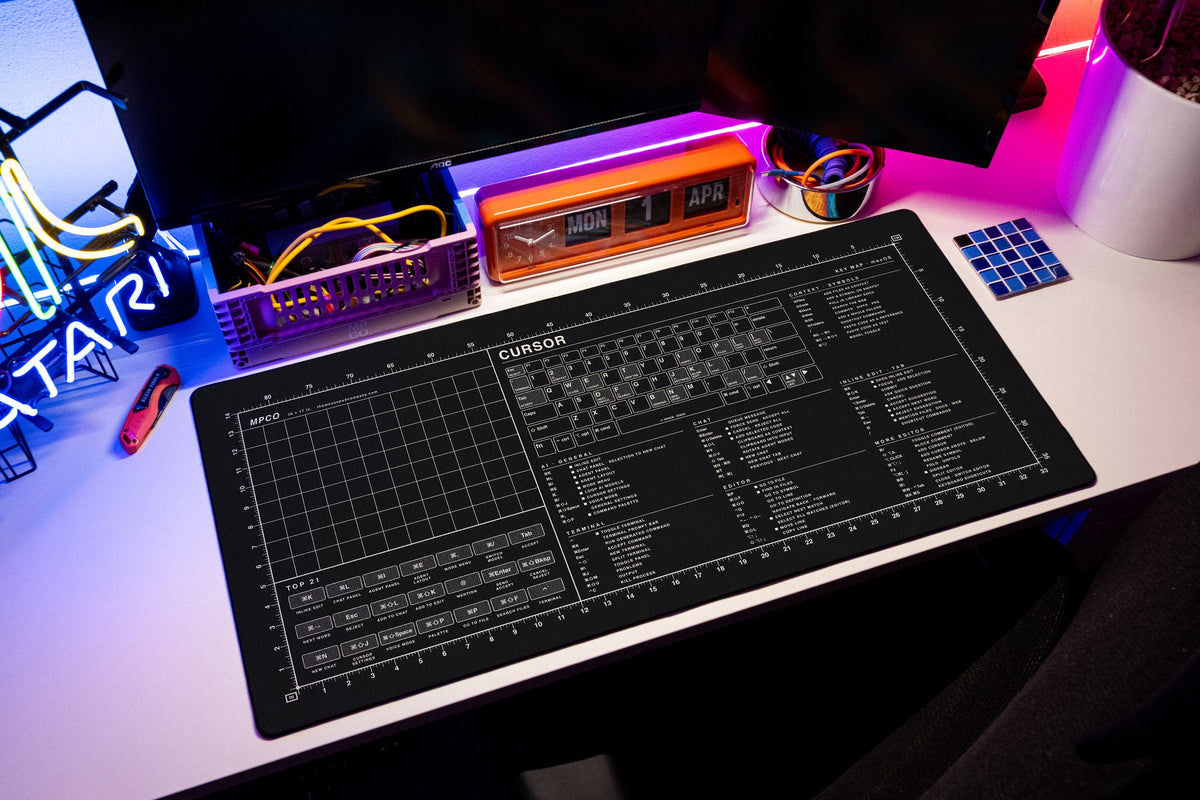 Cursor Shortcuts Pad (macOS) desk mat in Black / White, shown on a styled desk setup