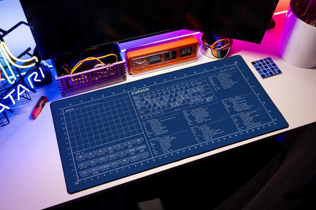 Cursor Shortcuts Pad (macOS) desk mat in Blue / White, shown on a styled desk setup