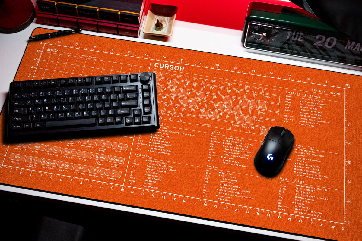 Cursor Shortcuts Pad (macOS) desk mat in Orange / White, shown on a styled desk setup