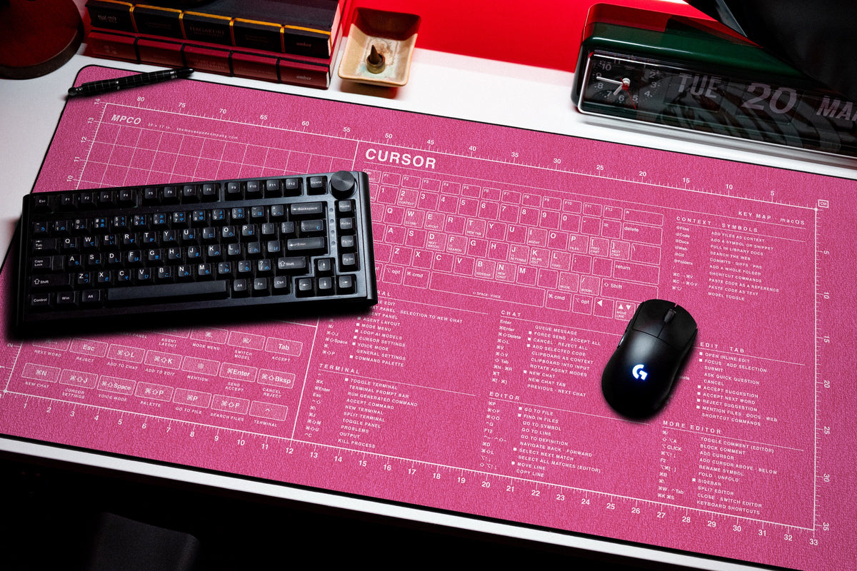 Cursor Shortcuts Pad (macOS) desk mat in Pink / White, shown on a styled desk setup