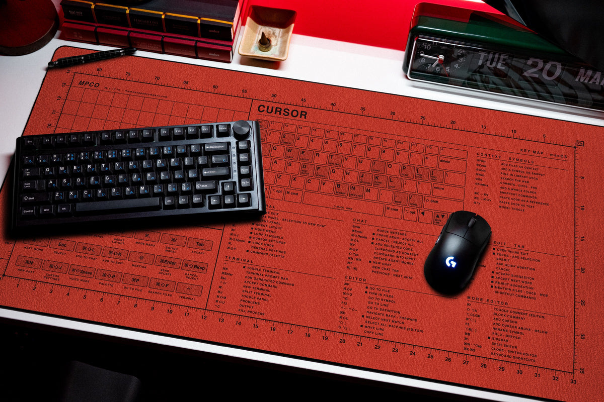Cursor Shortcuts Pad (macOS) desk mat in Red / Black, shown on a styled desk setup