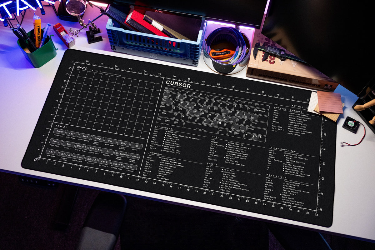 Cursor Shortcuts Pad (Windows) desk mat in Black / White, shown on a styled desk setup