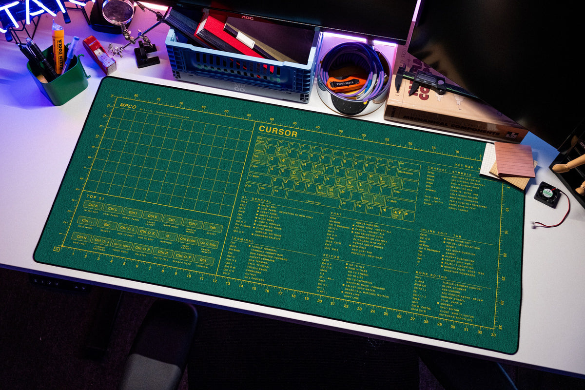 Cursor Shortcuts Pad (Windows) desk mat in Green / Yellow, shown on a styled desk setup