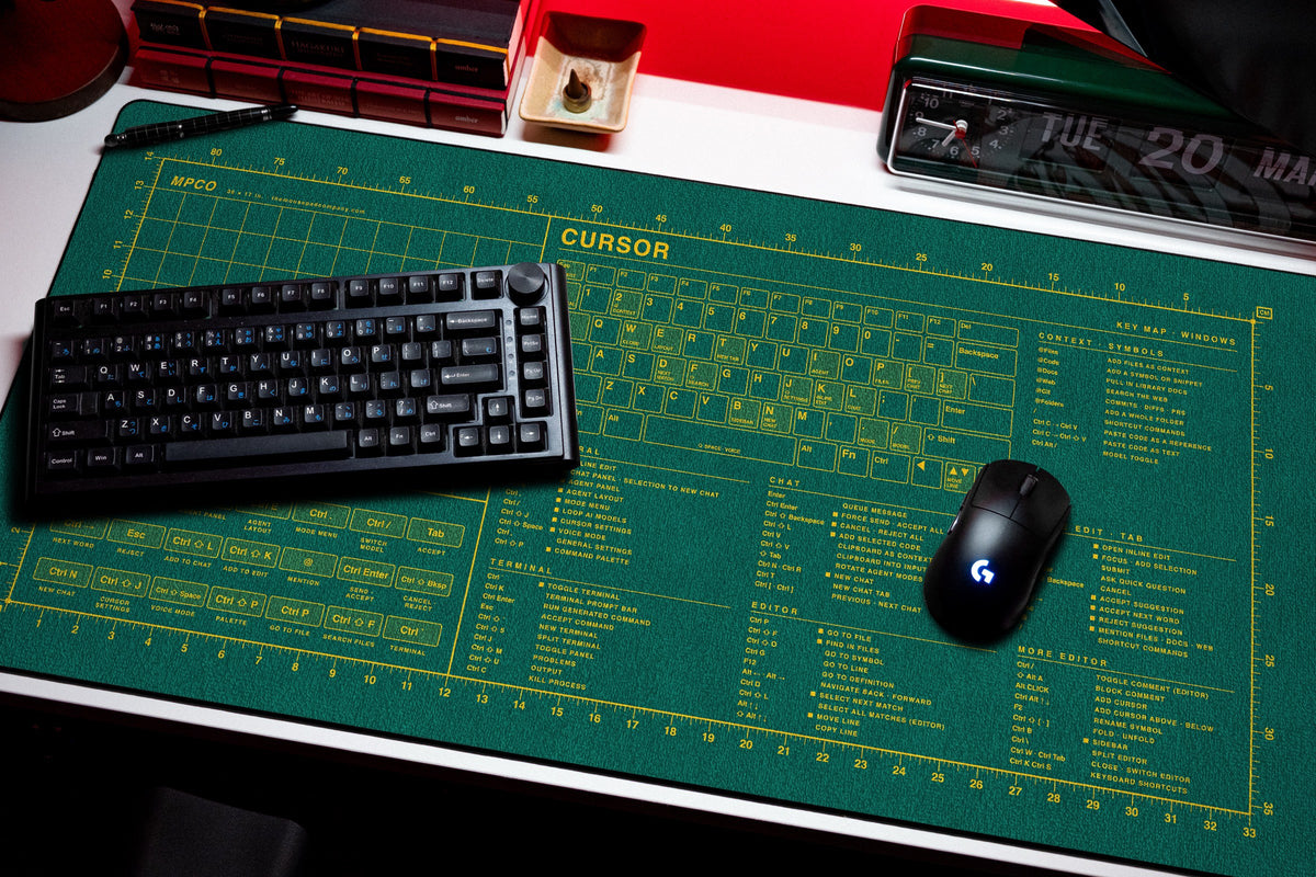 Cursor Shortcuts Pad (Windows) desk mat in Green / Yellow, shown on a styled desk setup