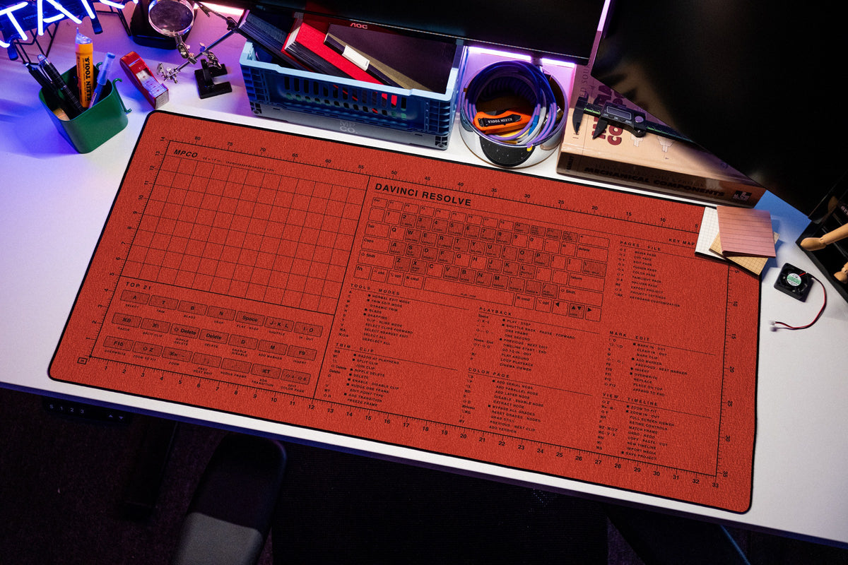 DaVinci Resolve Shortcuts Pad (macOS) desk mat in Red / Black, shown on a styled desk setup