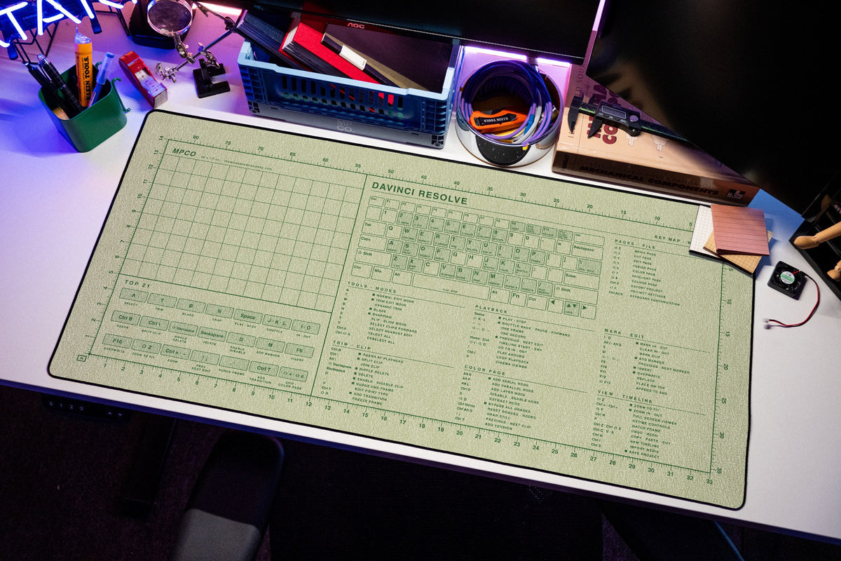 DaVinci Resolve Shortcuts Pad (Windows) desk mat in Buff / Green, shown on a styled desk setup