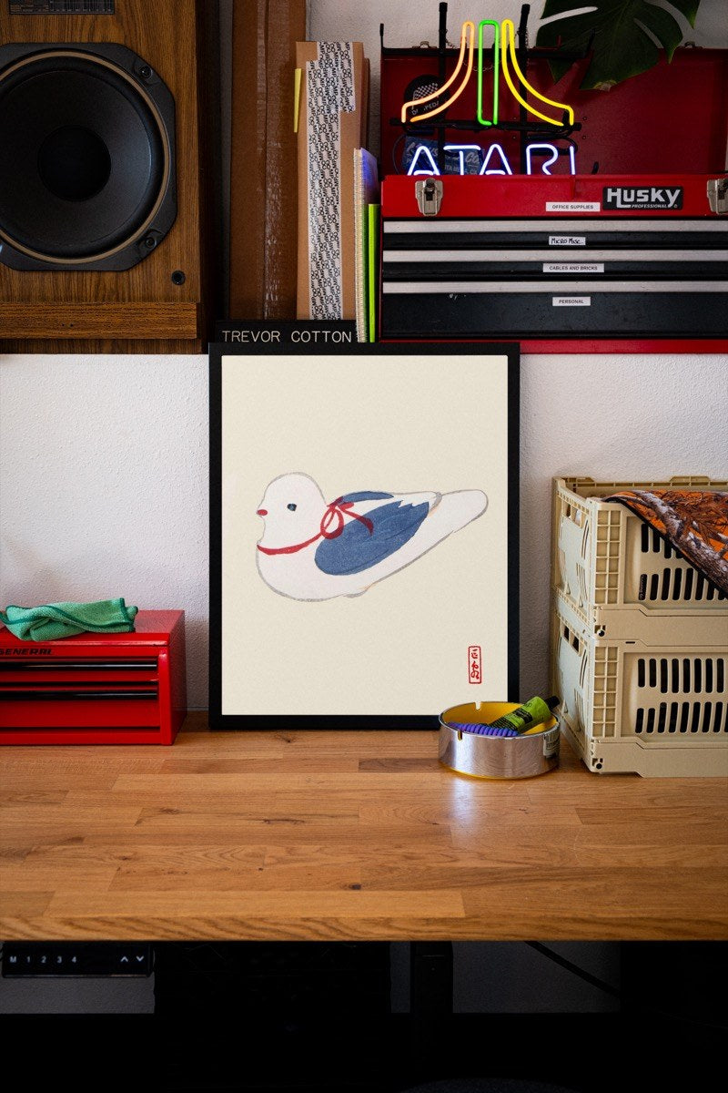 Dove with Red Ribbon - Japanese Folk Art art print styled in a room setting