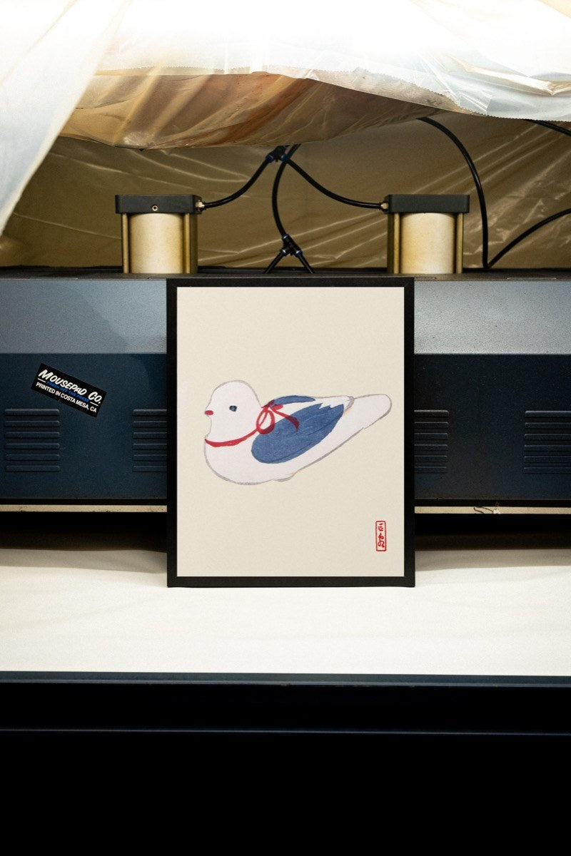 Dove with Red Ribbon - Japanese Folk Art art print styled in a room setting