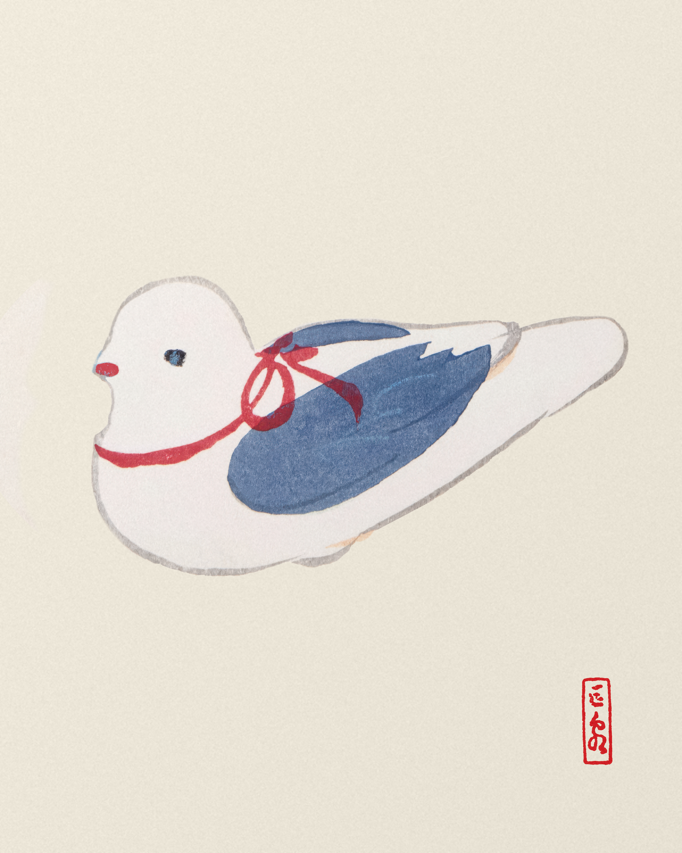 Dove with Red Ribbon - Japanese Folk Art - The Mousepad Company