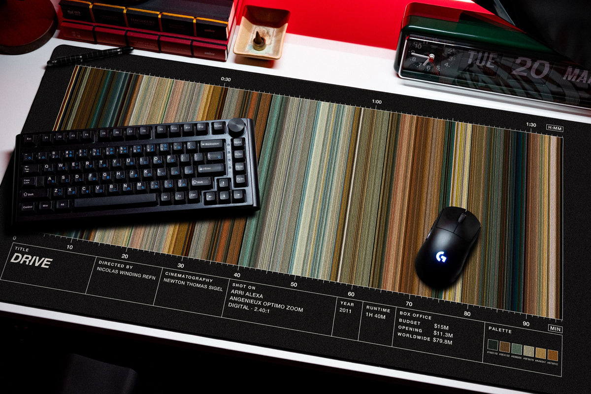 Drive (2011) — Movie Barcode Desk Mat desk mat in Black, shown on a styled desk setup