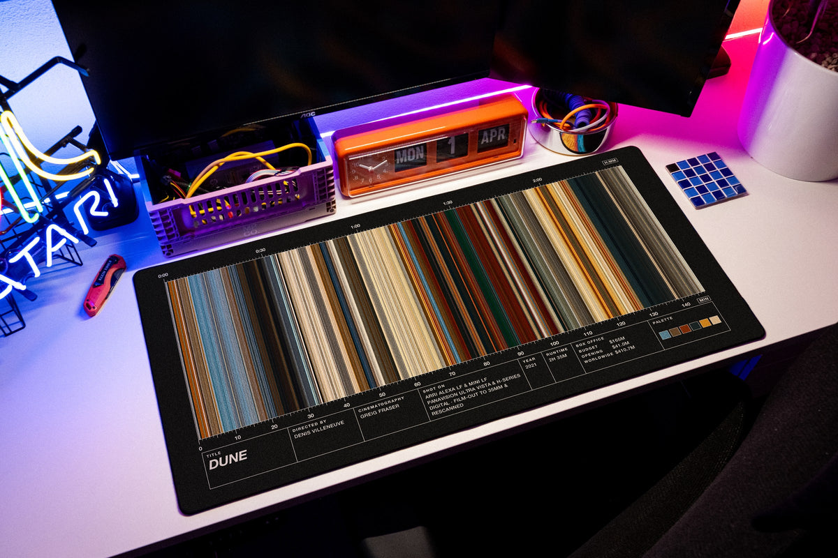 Dune (2021) — Movie Barcode Desk Mat desk mat in Black, shown on a styled desk setup