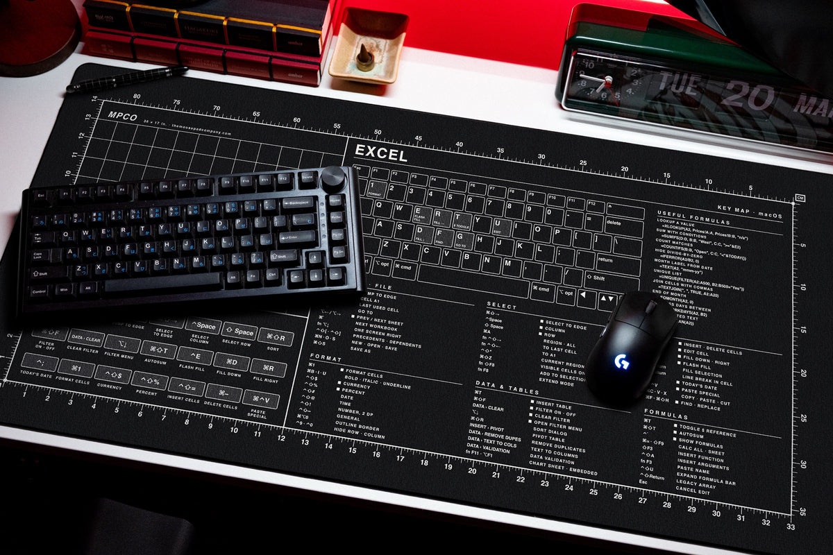 Excel Shortcuts Pad (macOS) desk mat in Black / White, shown on a styled desk setup