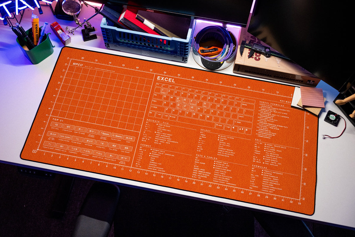 Excel Shortcuts Pad (macOS) desk mat in Orange / White, shown on a styled desk setup