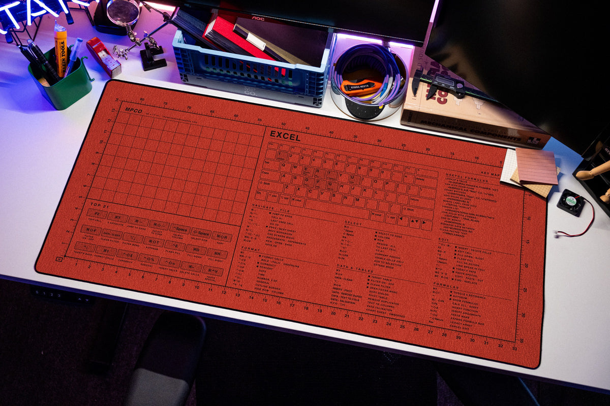 Excel Shortcuts Pad (macOS) desk mat in Red / Black, shown on a styled desk setup