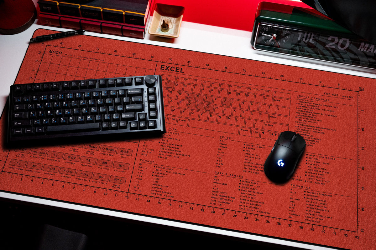 Excel Shortcuts Pad (macOS) desk mat in Red / Black, shown on a styled desk setup