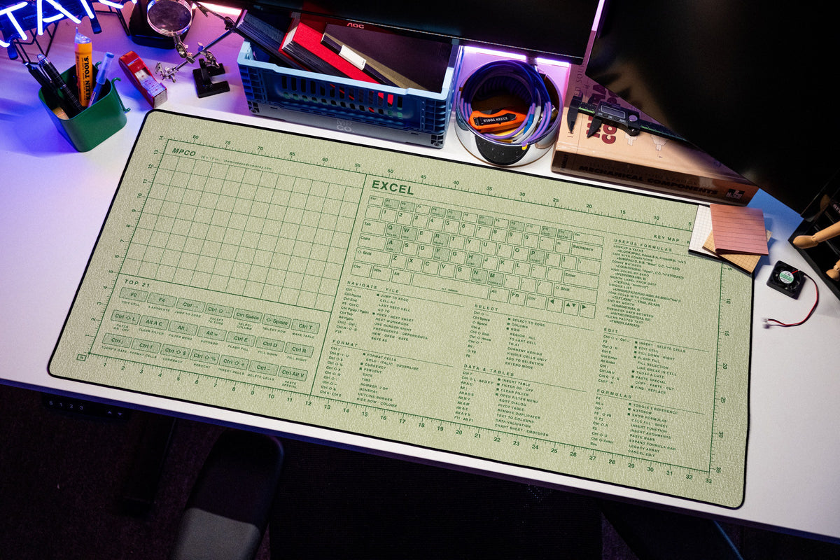 Excel Shortcuts Pad (Windows) desk mat in Buff / Green, shown on a styled desk setup