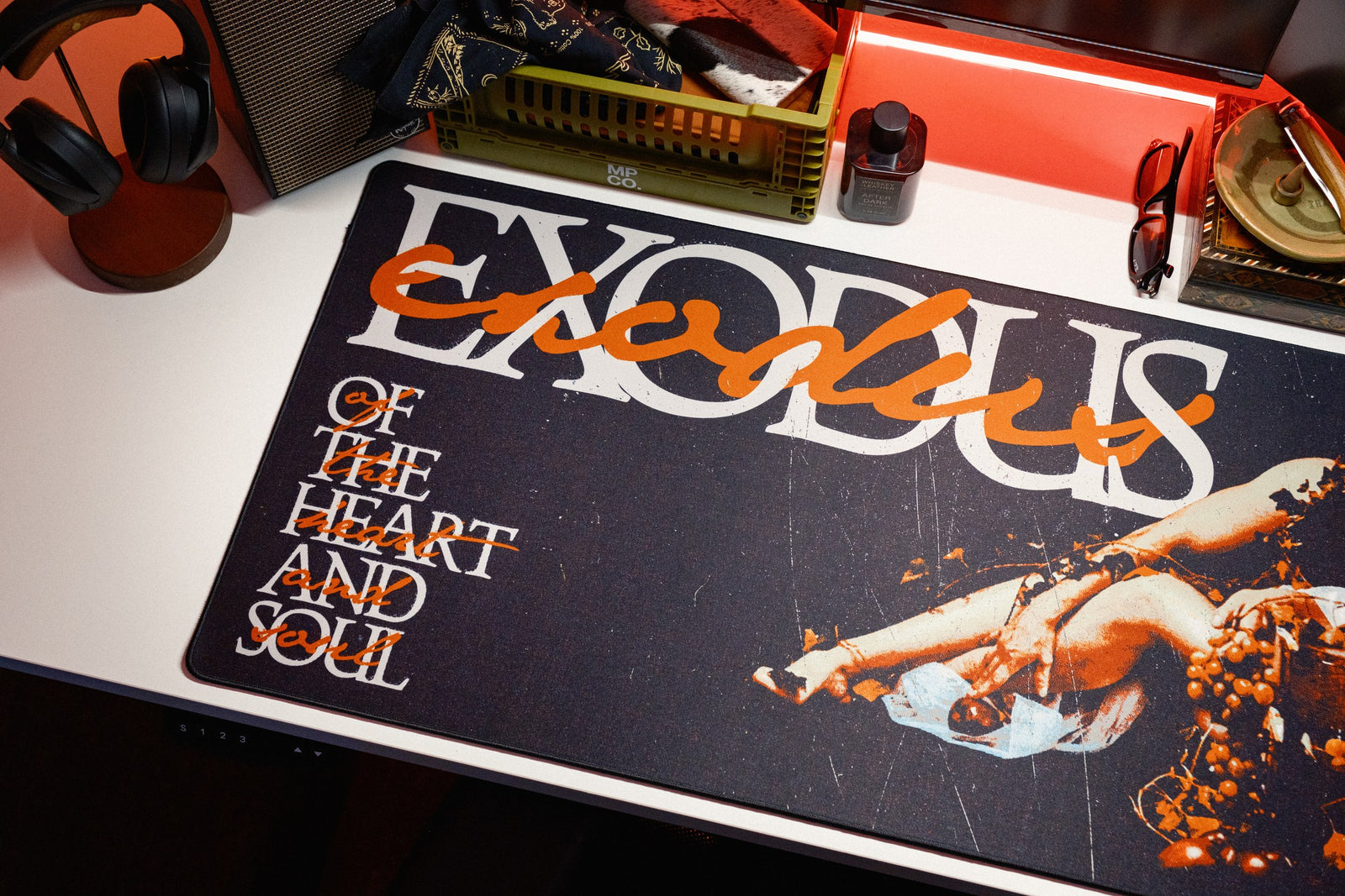 Exodus desk mat in Original, shown on a styled desk setup