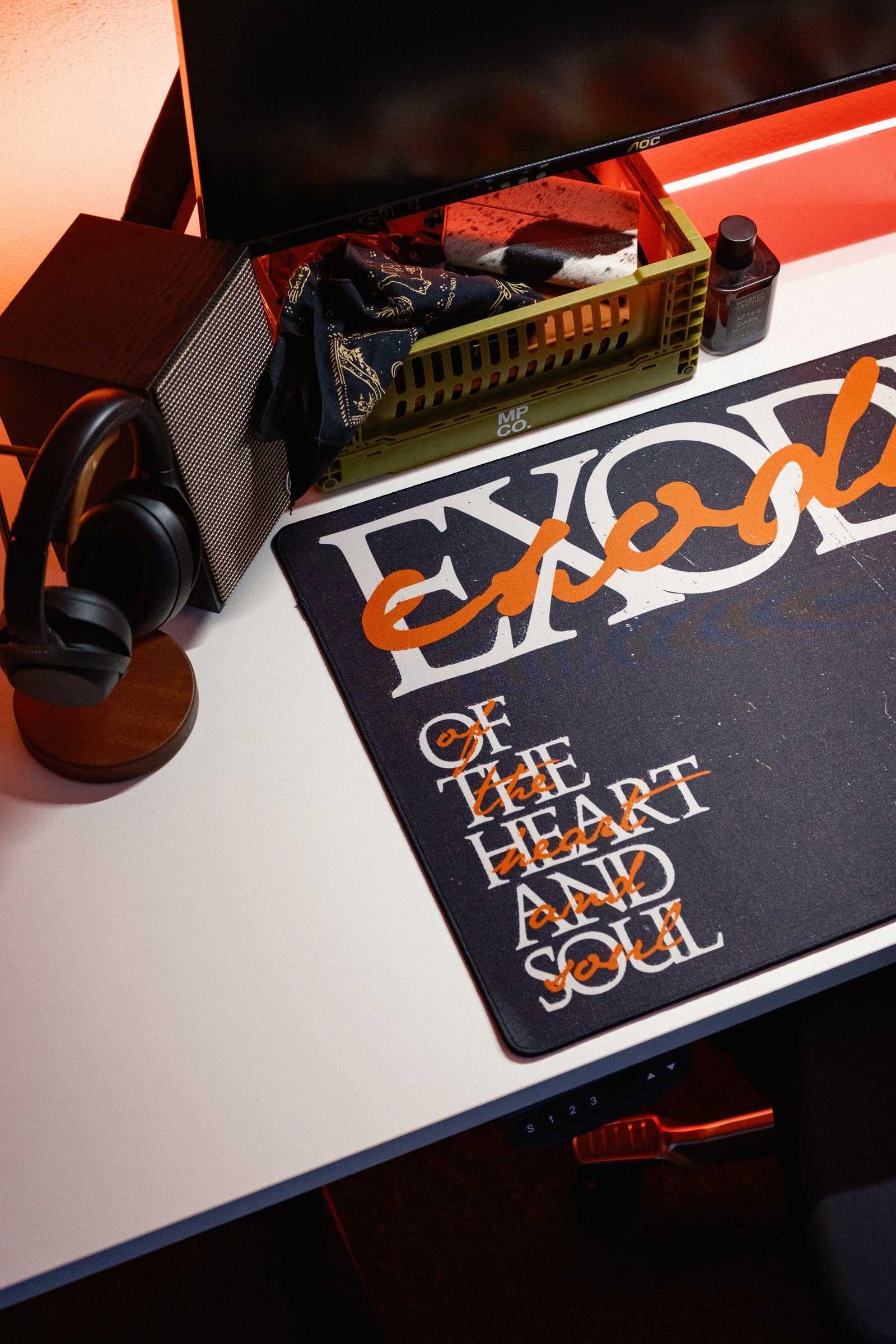 Exodus desk mat in Original, shown on a styled desk setup