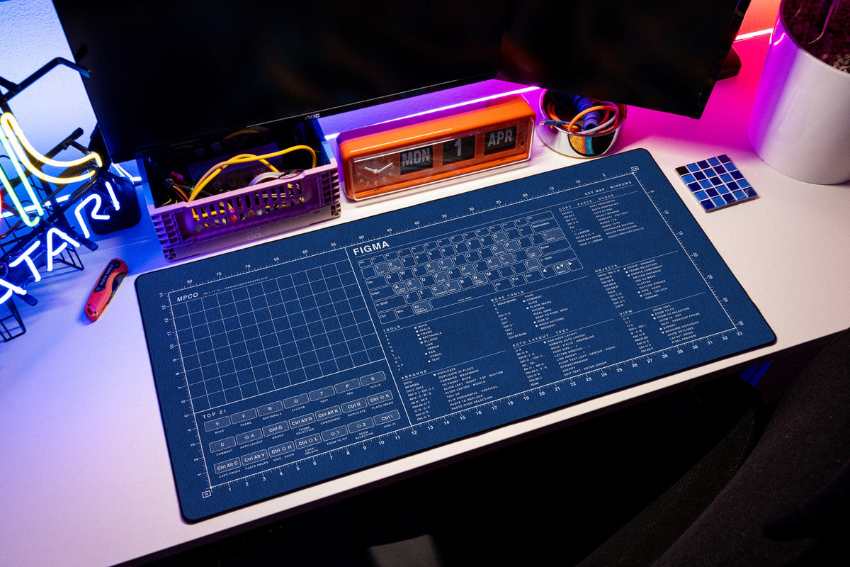 Figma Shortcuts Pad (Windows) desk mat in Blue / White, shown on a styled desk setup