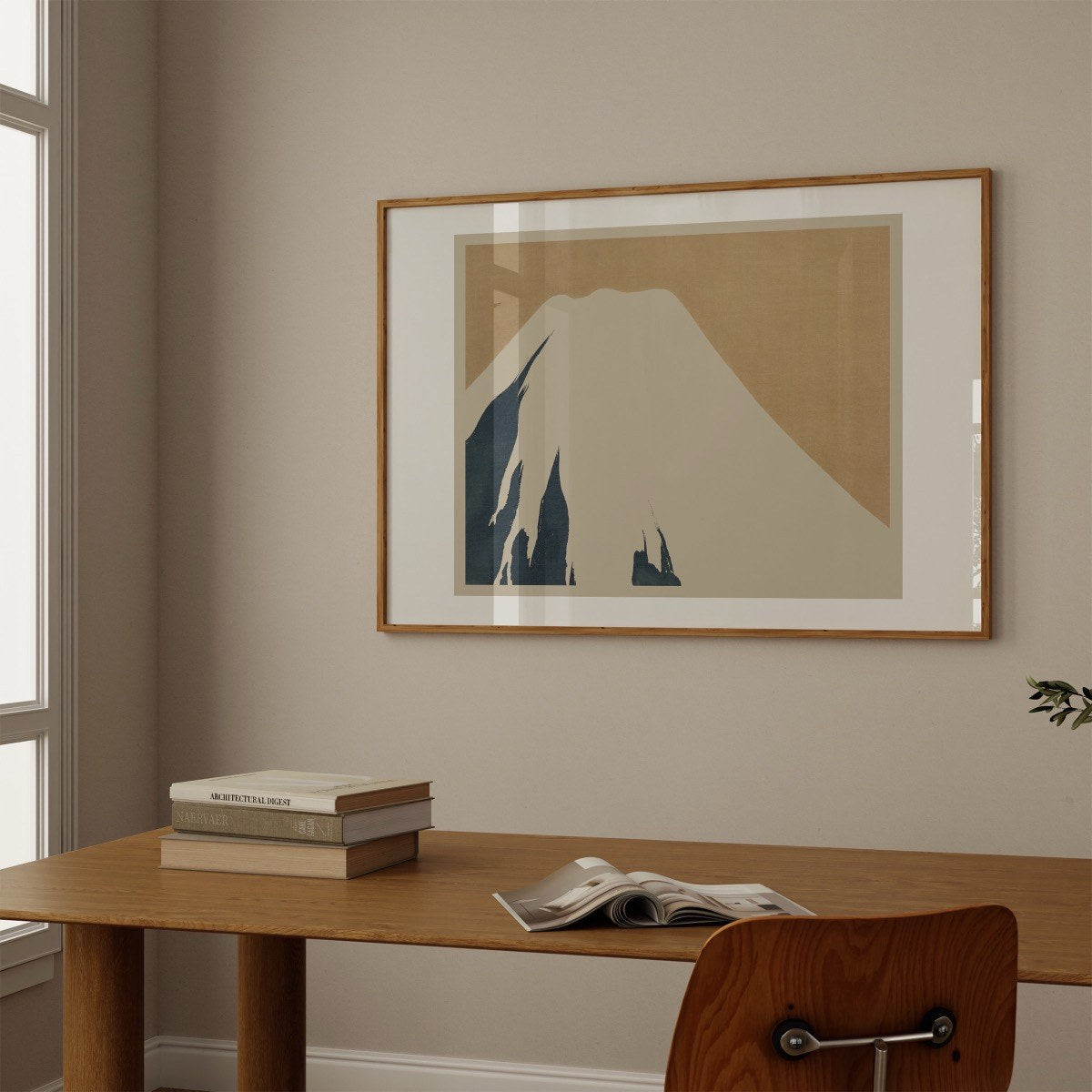 Fine Wind, Clear Morning (Red Fuji), by Hokusai art print styled in a room setting