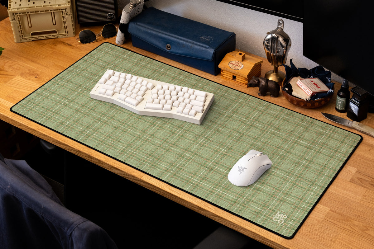 Flannel Plaids 2026 Fall desk mat in Sage, shown on a styled desk setup