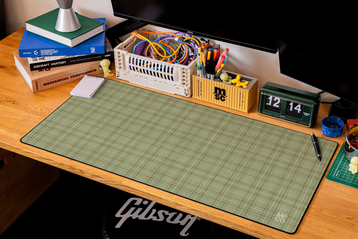 Flannel Plaids 2026 Fall desk mat in Sage, shown on a styled desk setup