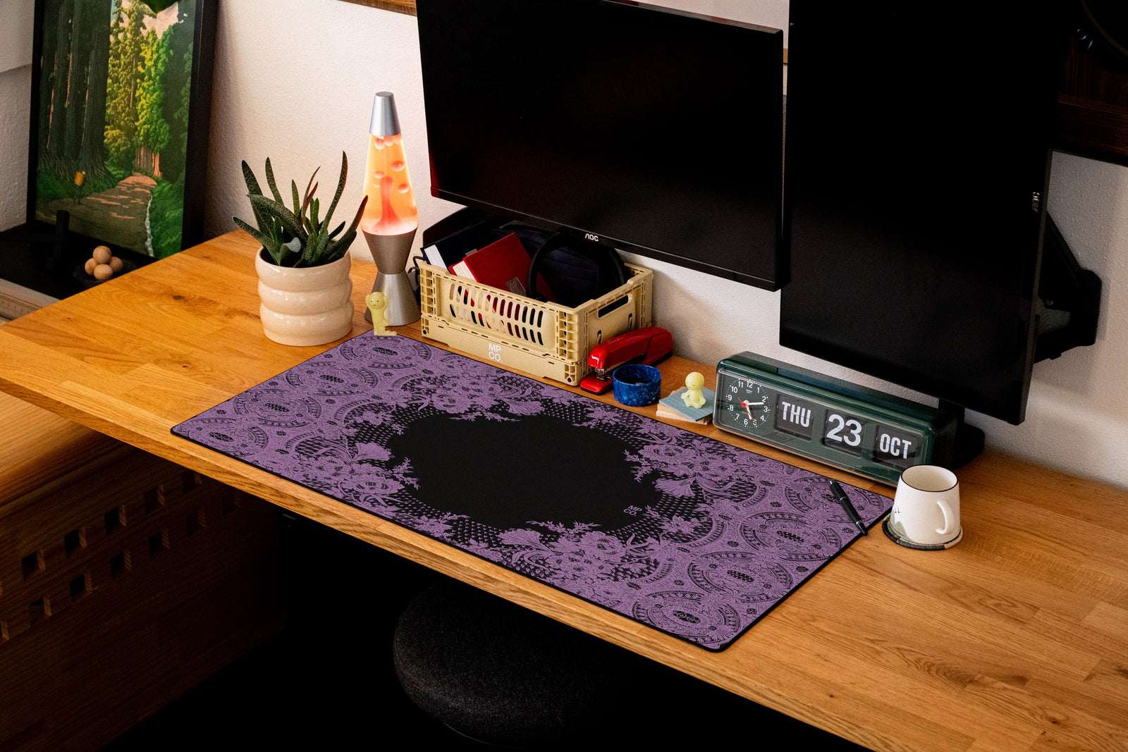 Floral Lace desk mat in Purple, shown on a styled desk setup