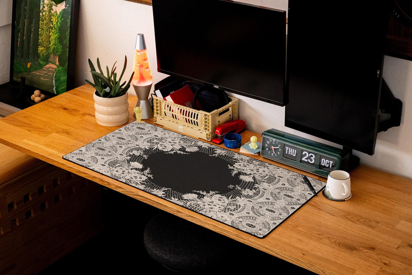 Floral Lace desk mat in White, shown on a styled desk setup