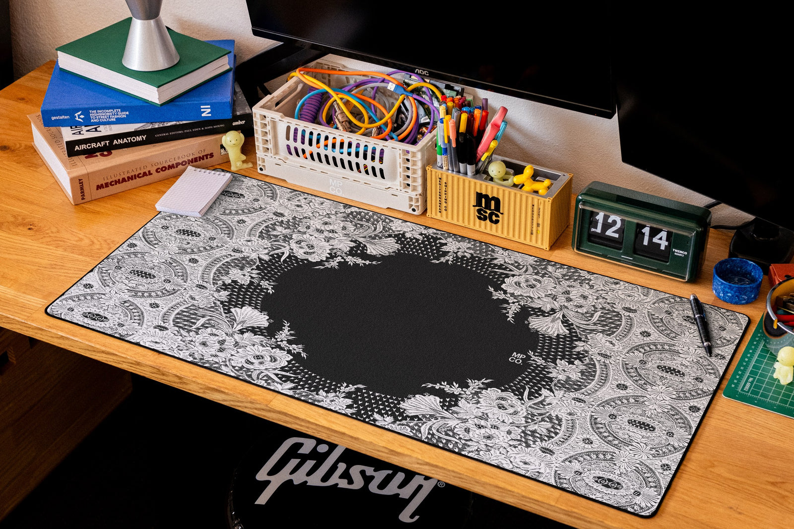 Floral Lace desk mat in White, shown on a styled desk setup