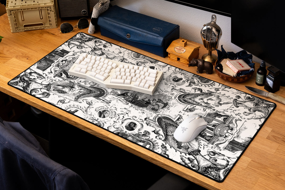 Florentine Ambassadors desk mat in Dither, shown on a styled desk setup