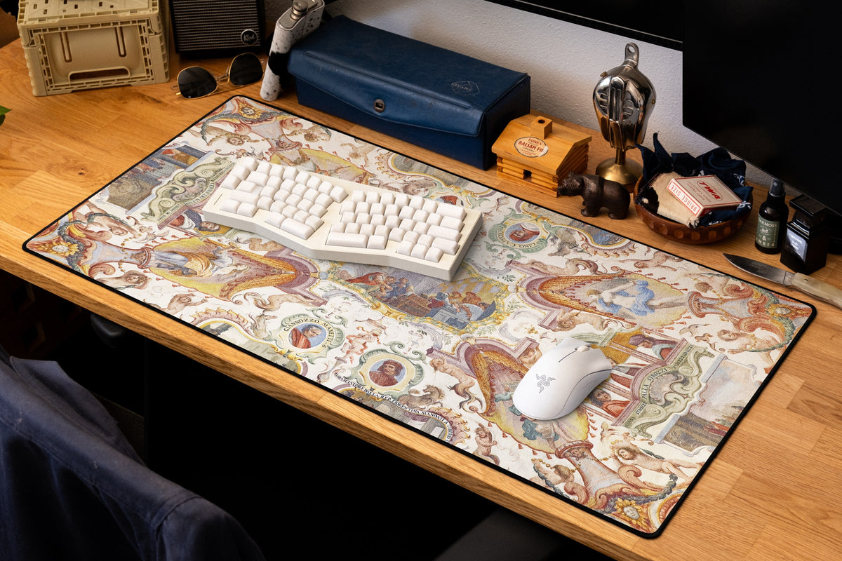 Florentine Ambassadors desk mat in Original, shown on a styled desk setup