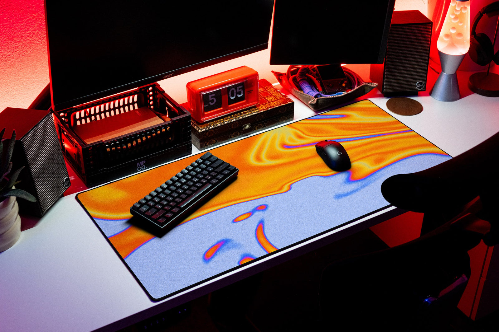 Flux desk mat in Solar Swirl, shown on a styled desk setup