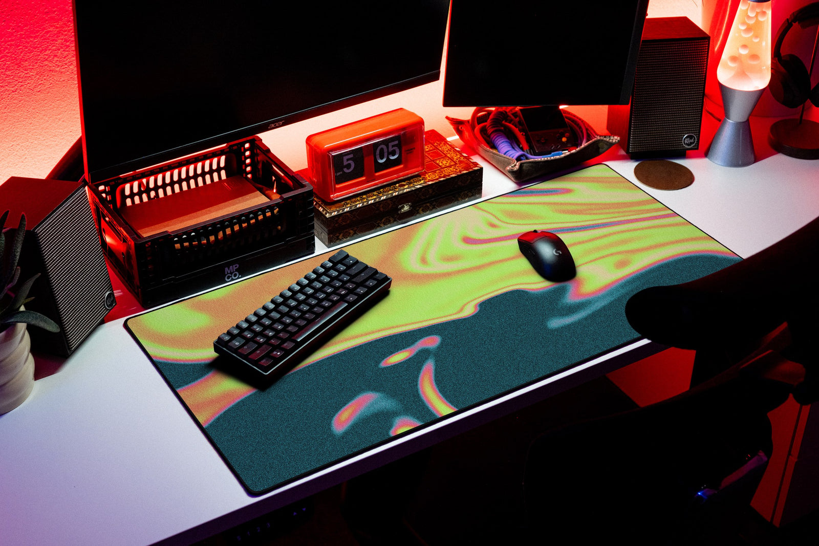 Flux desk mat in Toxic Bloom, shown on a styled desk setup