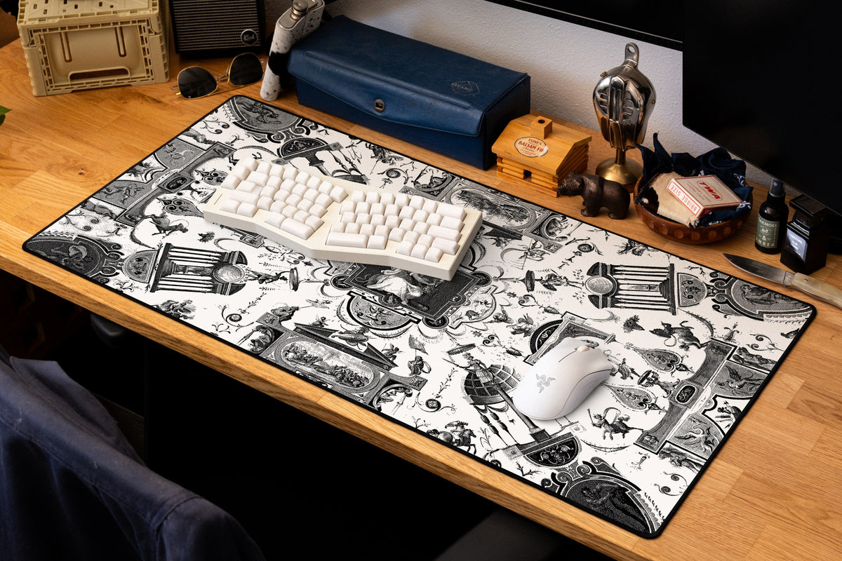 Fortitude desk mat in Dither, shown on a styled desk setup