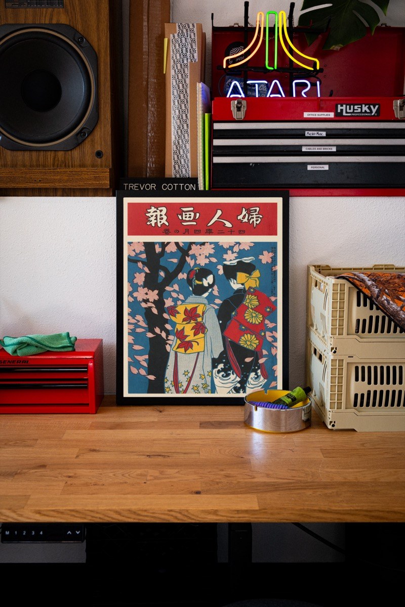 Fujin Gaho, Cherry Blossoms - Vintage Japanese Magazine Cover art print styled in a room setting