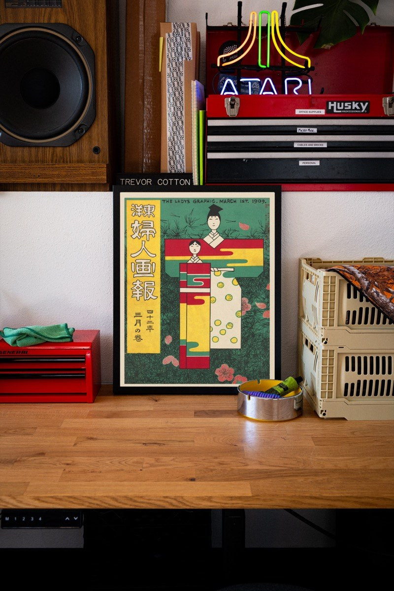 Fujin Gaho, March 1909 - Vintage Japanese Magazine Cover art print styled in a room setting