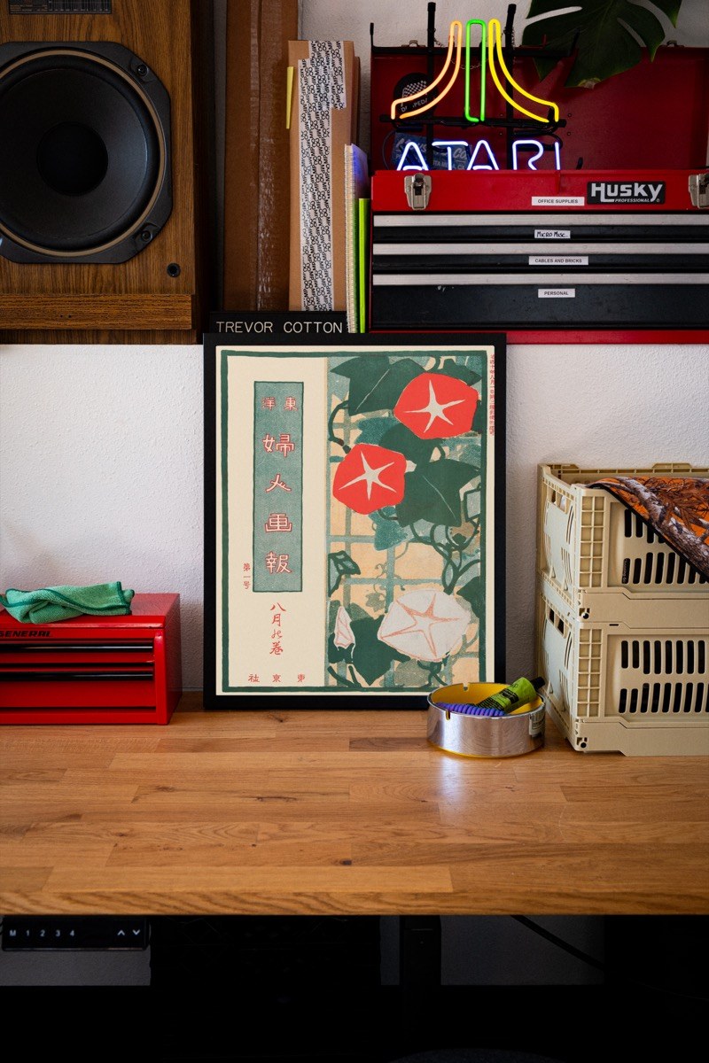 Fujin Gaho, Morning Glories - Vintage Japanese Magazine Cover art print styled in a room setting