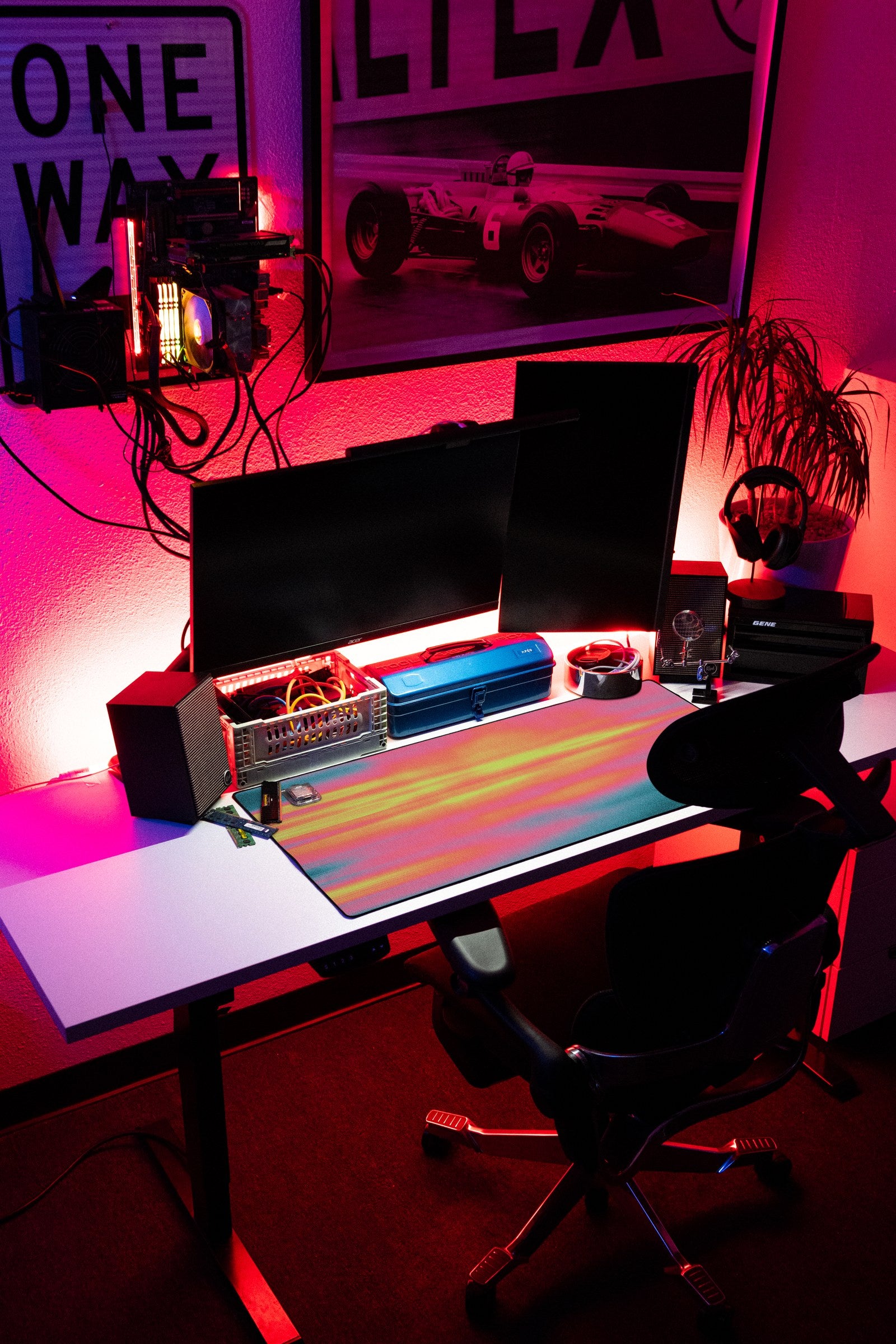 Glare desk mat in Rose Circuit, shown on a styled desk setup