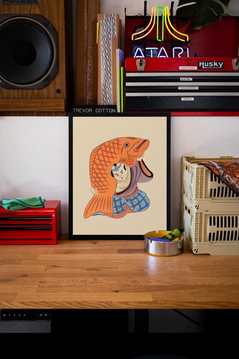 Goldfish Mask Toy - Japanese Folk Art art print styled in a room setting