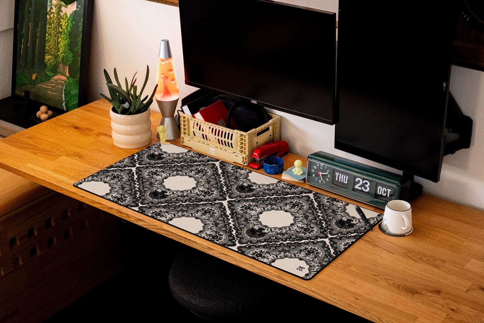 Gothic Diamonds desk mat in Original, shown on a styled desk setup