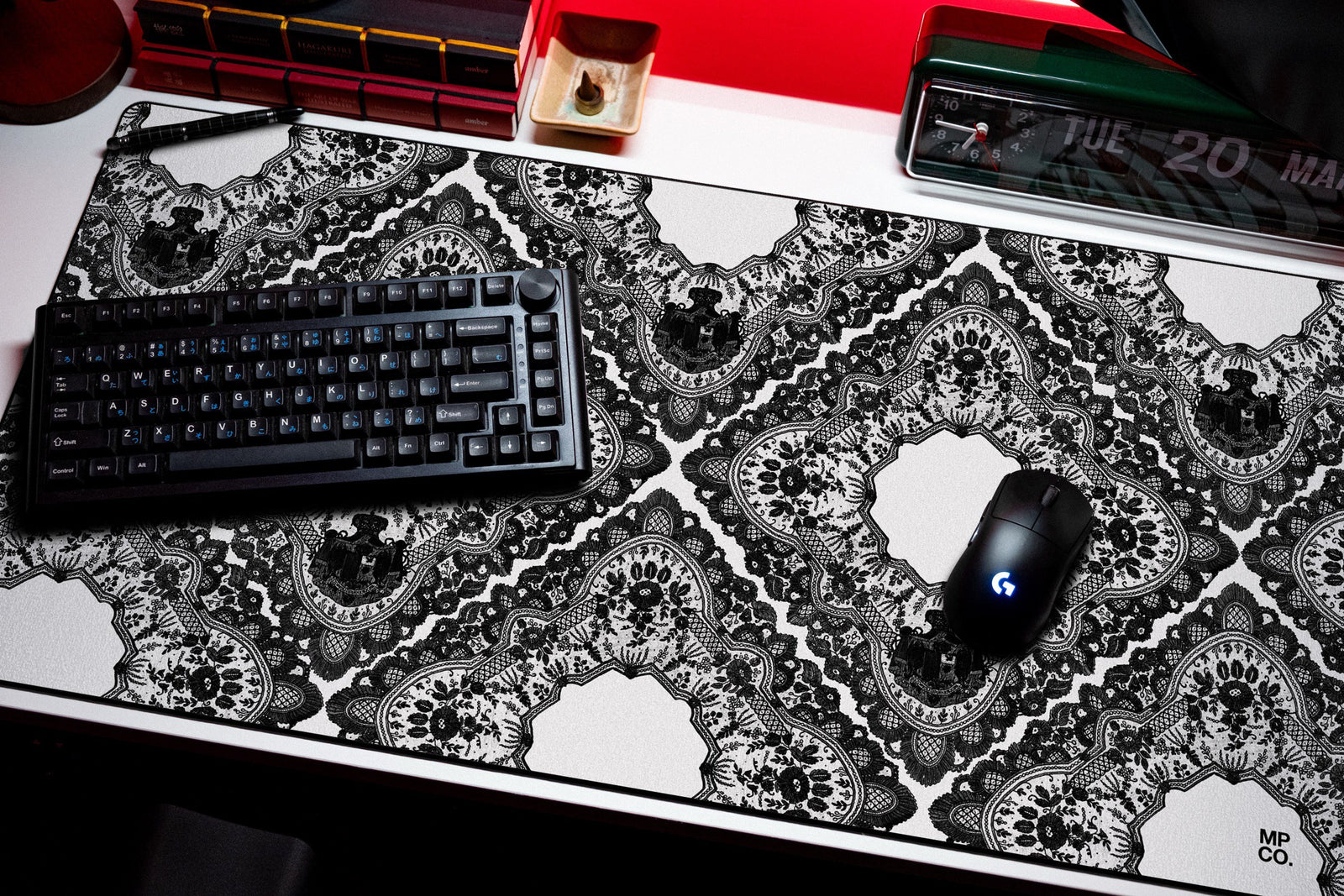 Gothic Diamonds desk mat in Original, shown on a styled desk setup