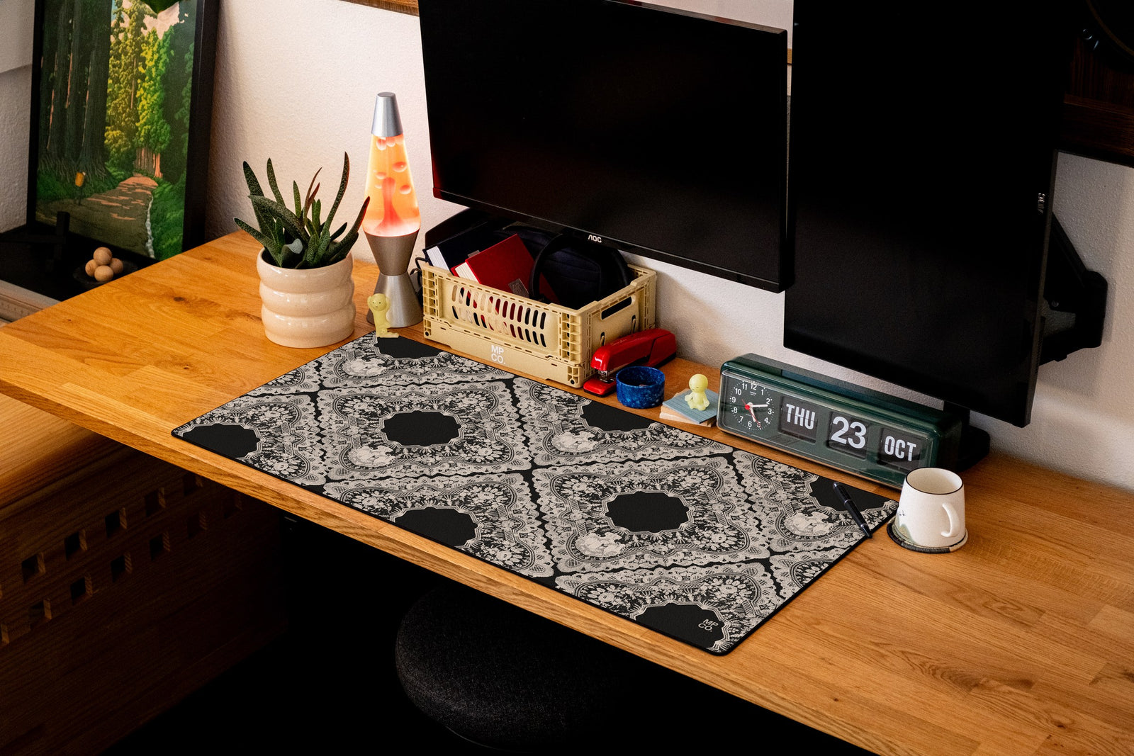 Gothic Diamonds desk mat in White, shown on a styled desk setup