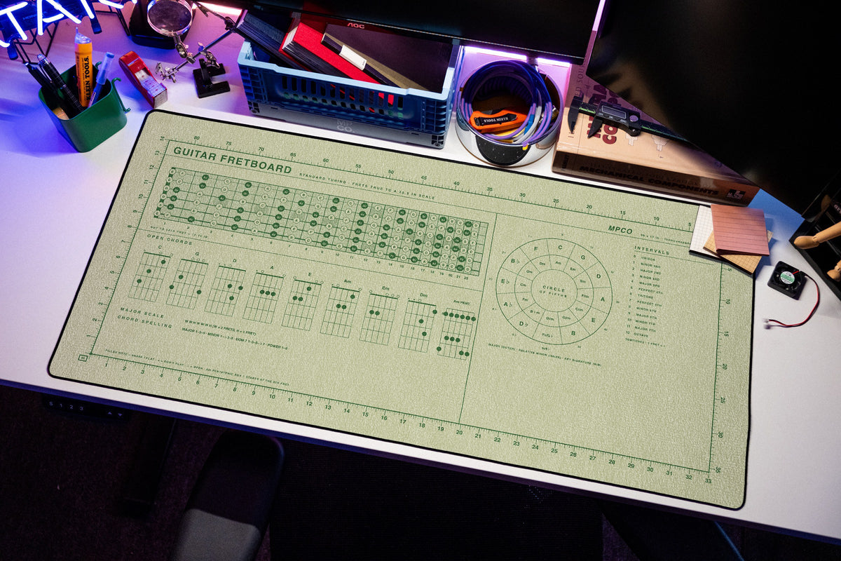 Guitar Fretboard Pad desk mat in Buff / Green, shown on a styled desk setup
