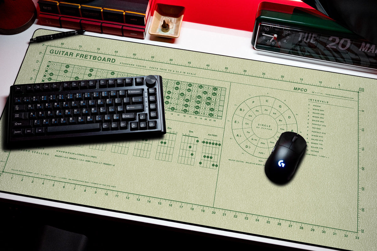 Guitar Fretboard Pad desk mat in Buff / Green, shown on a styled desk setup