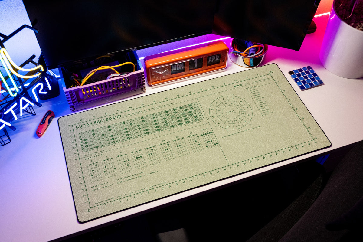 Guitar Fretboard Pad desk mat in Buff / Green, shown on a styled desk setup