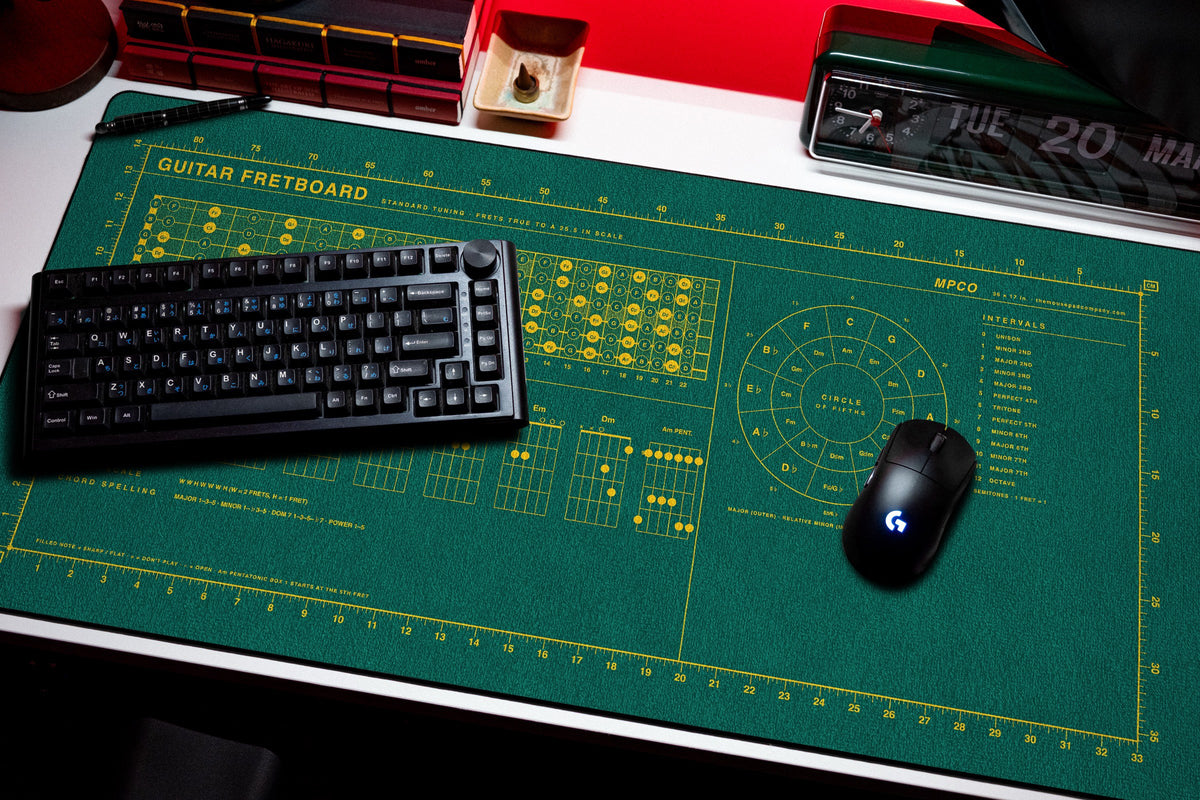 Guitar Fretboard Pad desk mat in Green / Yellow, shown on a styled desk setup