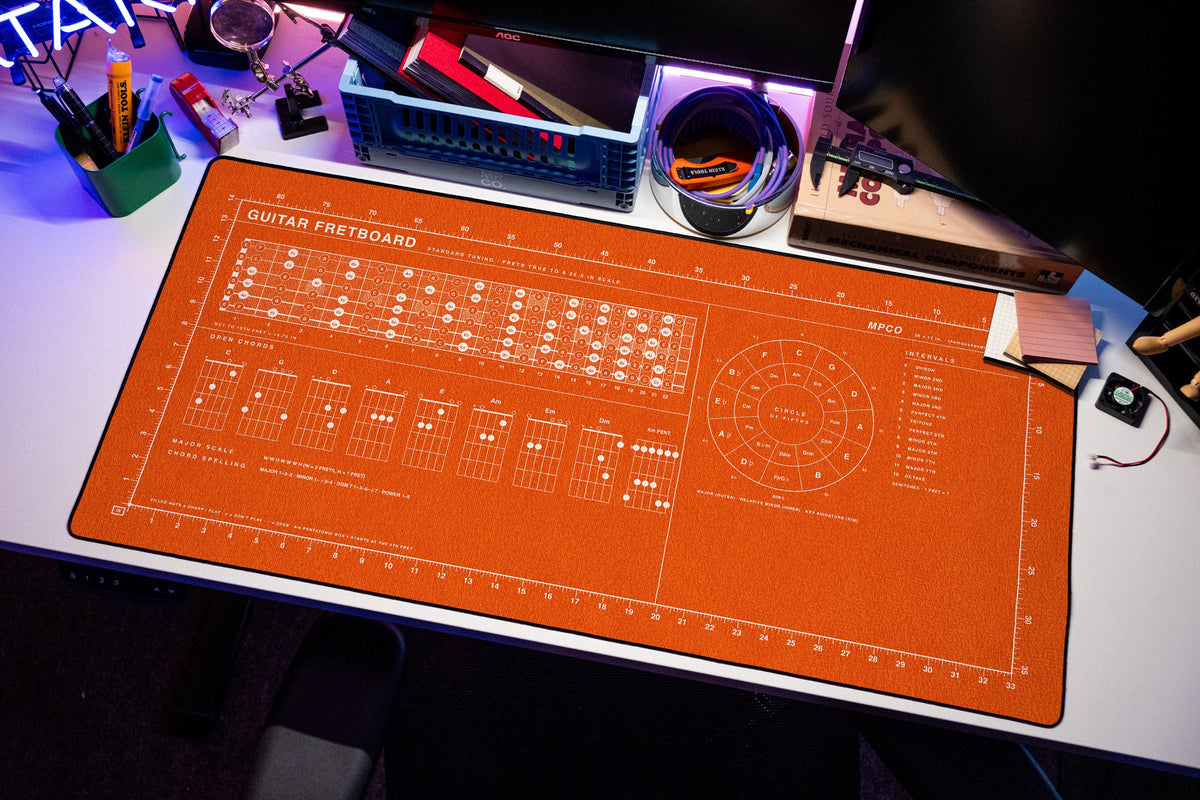Guitar Fretboard Pad desk mat in Orange / White, shown on a styled desk setup