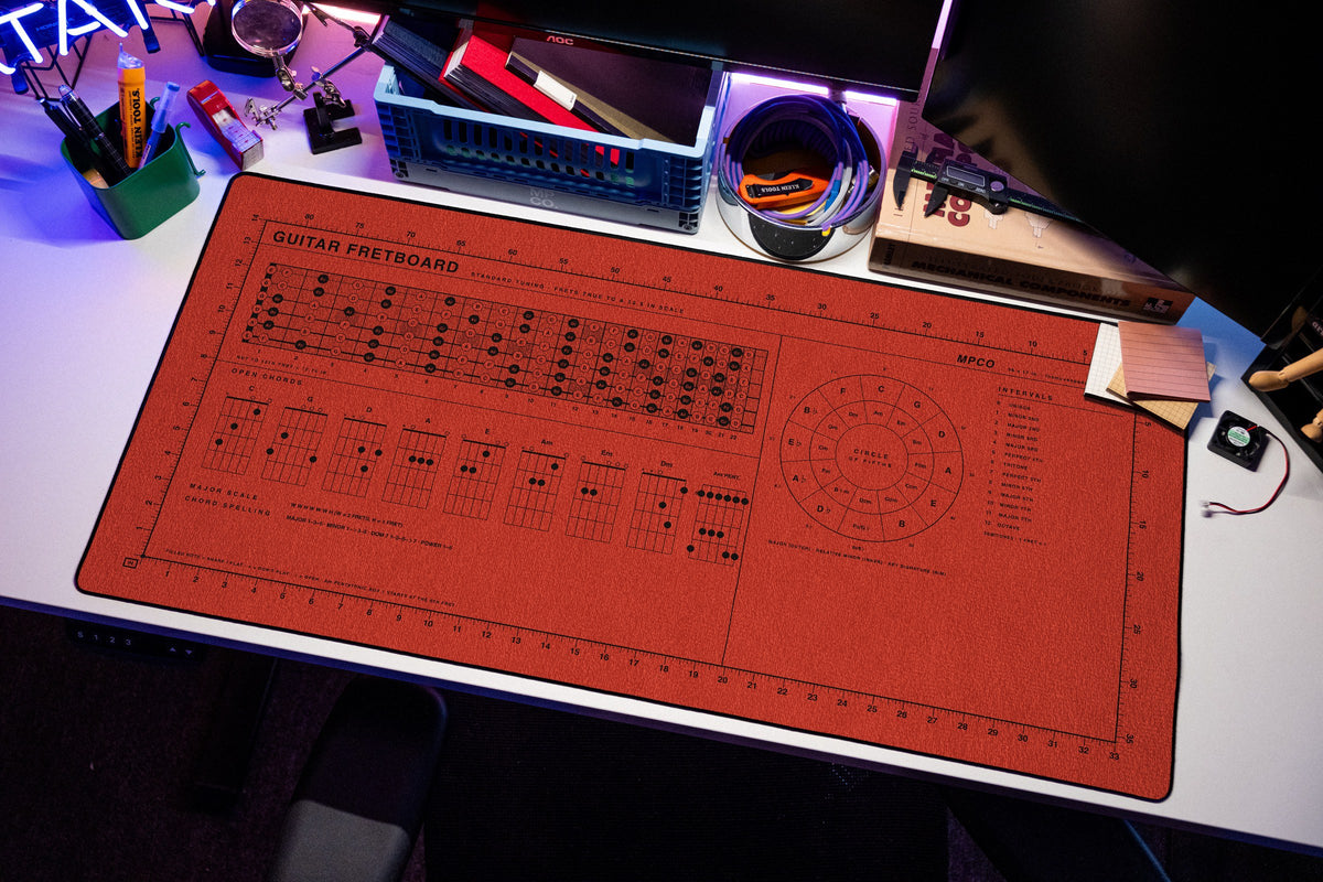 Guitar Fretboard Pad desk mat in Red / Black, shown on a styled desk setup