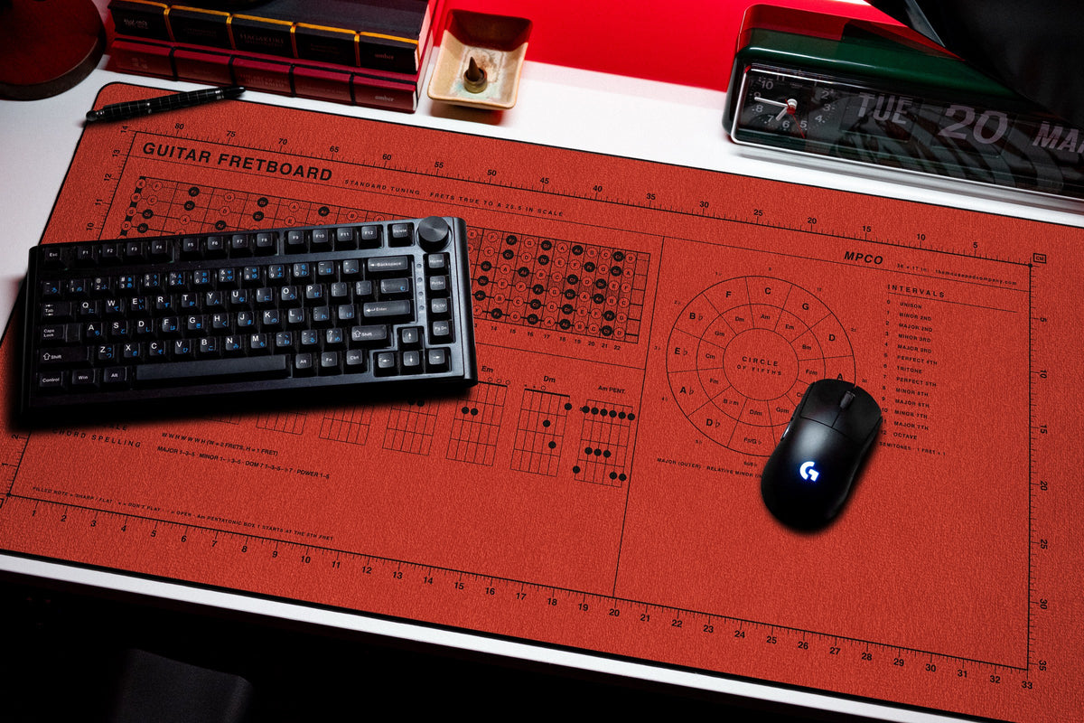 Guitar Fretboard Pad desk mat in Red / Black, shown on a styled desk setup