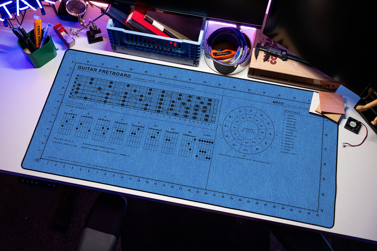 Guitar Fretboard Pad desk mat in Swiss Blue, shown on a styled desk setup